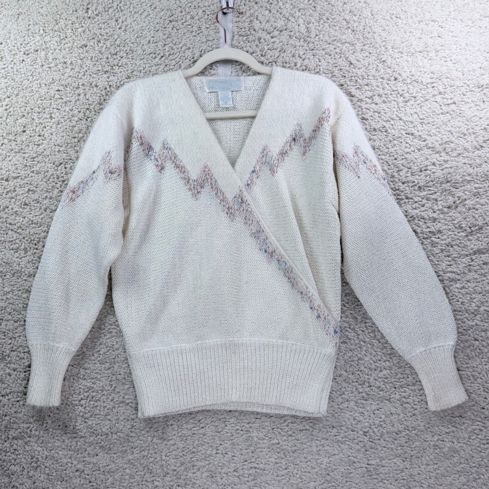 Womens M Sideffects Angora Blend Sweater White Pastel Chevron Vintage 80s Knit